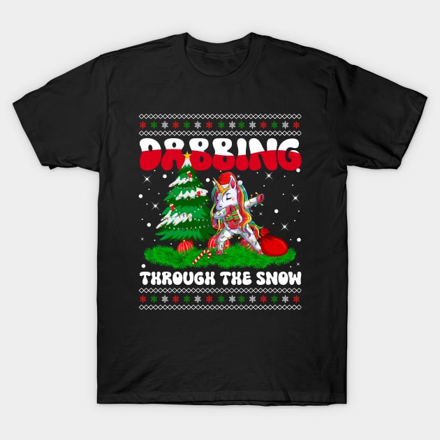 Dabbing Through The Snow Unicorn Christmas Lights Rainbow T-Shirt by wonderws